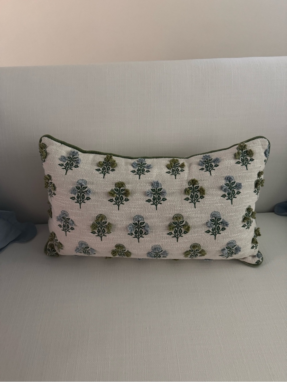 Embroidered Floral Rectangular Throw Pillow - Green & Blue - Lumbar